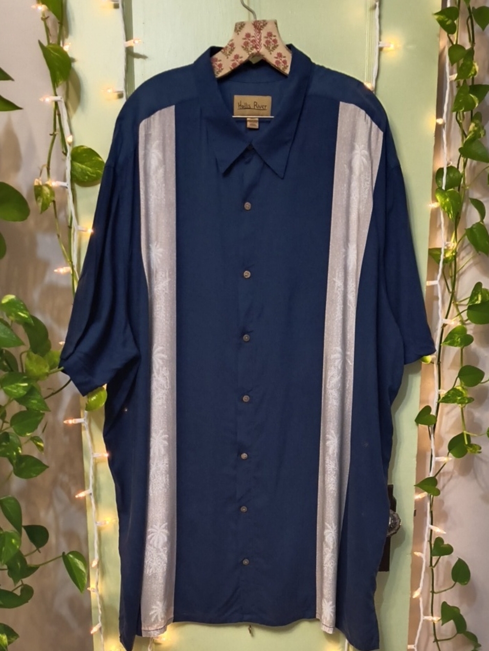 Men's Hollis River Lightweight Navy Blue Palm Tree Short Sleeve Button Up 3XL